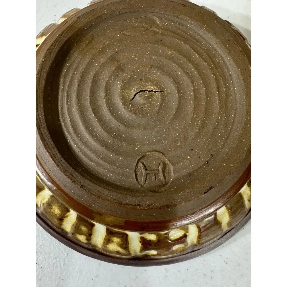 Studio Pottery Art Handmade 2 pc Candle Holder Tray Brown Signed Tom‎ Hughes